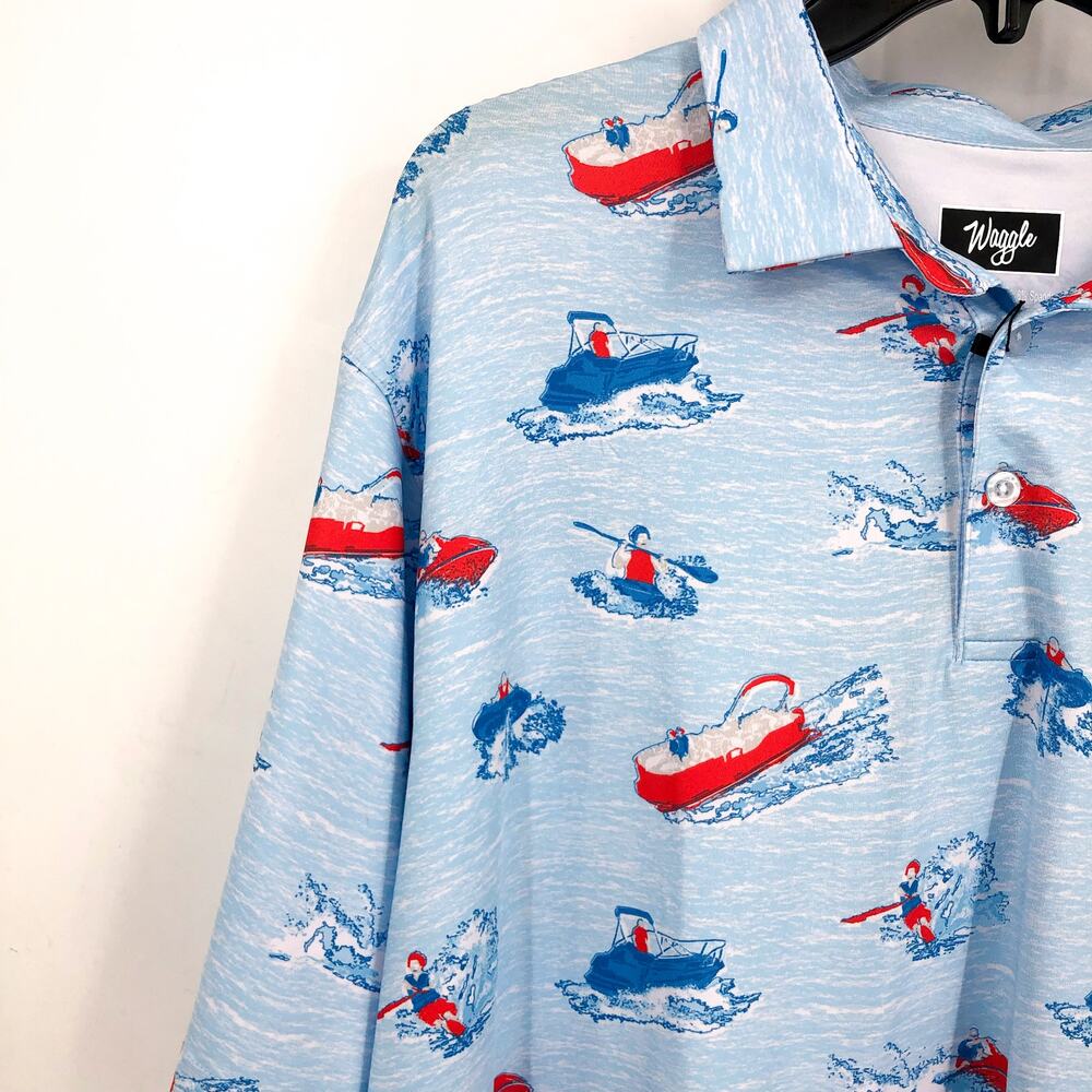 WAGGLE Mens Lake Life Golf Polo Shirt 2XL XXL Blue Print Short Sleeve NWT - Picture 5 of 11